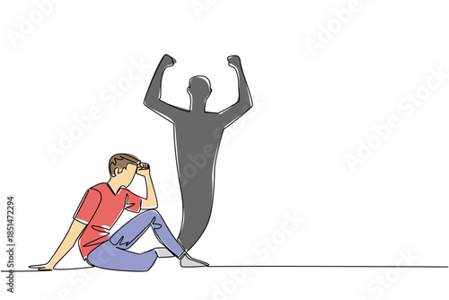 One line drawing of man in contemplation with triumphant shadow behind show a strong, symbolizing inner strength for a mental health concept. Resilience related to National Posttraumatic Growth Day