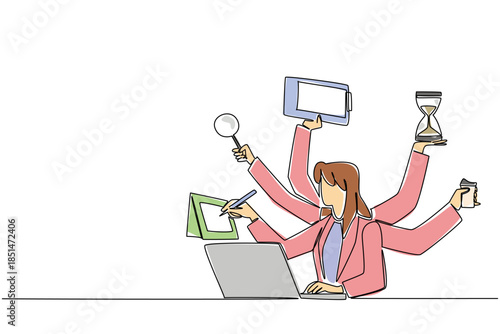 One line drawing of multitasking businesswoman with many arms holding various office tools for a business concept. Efficiency and productivity theme for National Productive Business Civility Day event