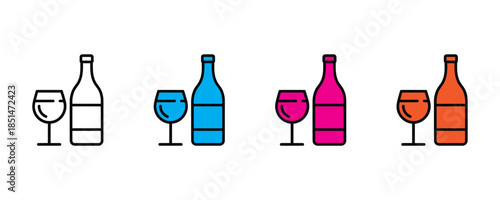 Wine bottles and glasses icon set vector on white background. drink, alcohol, beverage symbol.  wineglass, wine bottle, drinkware icon. vector illustration.