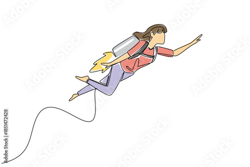 One line drawing of businesswoman flying with a rocket backpack, symbolizing rapid career advancement for a business concept. Innovation and progress for National Productive Business Civility Day