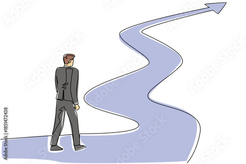 Continuous line draw of businessman looking at long, winding upward arrow path, symbolize challenging career journey for business concept. Perseverance and growth for National Productive Civility Day
