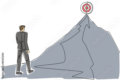 Continuous line drawing of a businessman walking at the base of mountain peak with an arrow path leading to wooden target. Symbolizing ambitious goals for National Productive Business Civility Day