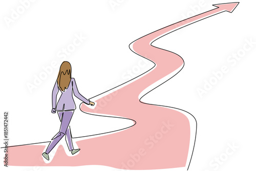 One line drawing of a businesswoman walking on long, winding upward arrow path, challenging career journey for business concept. Perseverance and growth for National Productive Business Civility Day