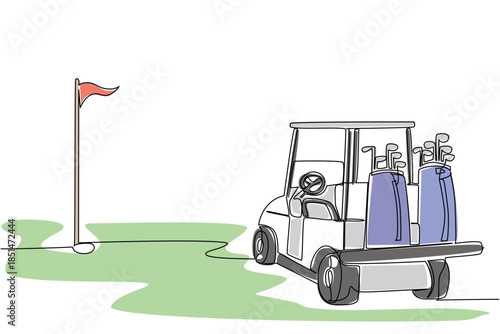 Single line drawing of rear view a golf cart with two club golf bags in the back, parked near a flagstick, symbolizing a golf outing for two. This shared activity theme is for National Golf Cart Day.