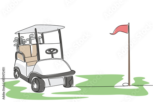 One line drawing vector of a golf cart with clubs in the back parks near a golf flag on the green, symbolizing a round of golf. Recreational sport theme is great for National Golf Cart Day ads.