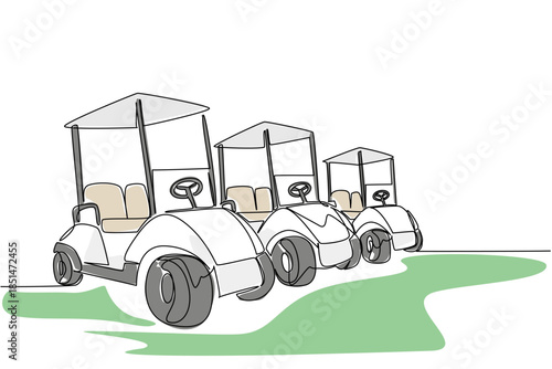 Continuous line drawing of multiple golf carts lined up on a golf course fairway ready to roll out for a fun day of cruising course, symbolize sport leisure and transportation. National Golf Cart Day.