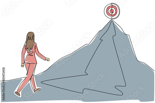 Continuous line draw of a businesswoman walking towards mountain peak to a wooden target. Symbolize ambitious goal for business concept. Determination and achievement for National Product Business Day