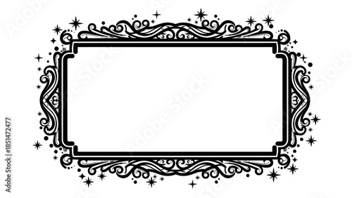 Elegant ornate black and white frame with decorative swirls and stars, perfect for labels or titles.