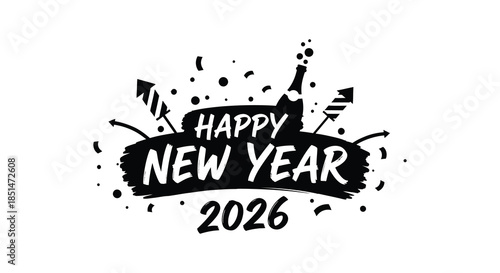 A stylish black and white new year celebration graphic with confetti and the year 2026