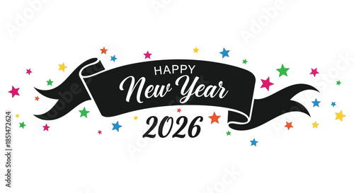 A festive black ribbon banner announces a happy new year with colorful star confetti