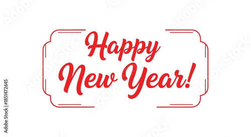A vibrant red graphic illustration featuring the celebratory phrase happy new year in stylized script