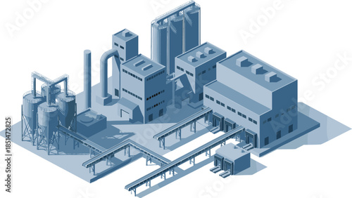 Isometric industrial factory building complex vector illustration with silos warehouses and conveyor belts for manufacturing and logistics industry.