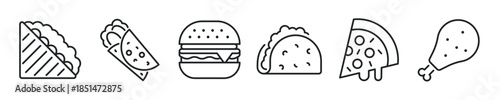 Junk Food thin line icon set. Web minimal editable stroke icons