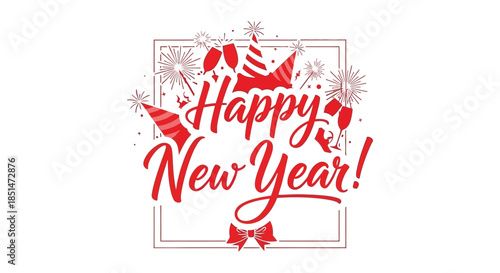 Festive new year greeting with red lettering fireworks and a decorative red frame design