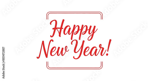 A festive image displays the words happy new year within a simple red rectangular frame