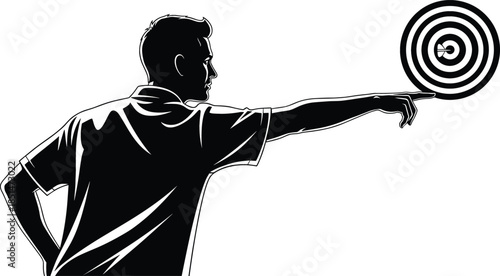 Man aiming at circular target bullseye silhouette vector illustration for business goals precision and sports achievement concept.