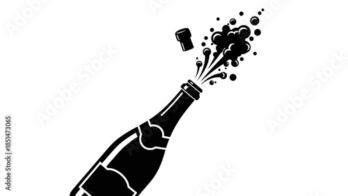 Champagne bottle popping with cork flying and bubbles spraying, celebrating a special occasion.
