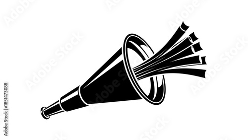 Abstract optical fibers emerging from a stylized telescope or horn, representing communication and data flow.