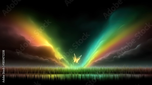 Vibrant Abstract Landscape with Colorful Rays and Mystical Butterfly