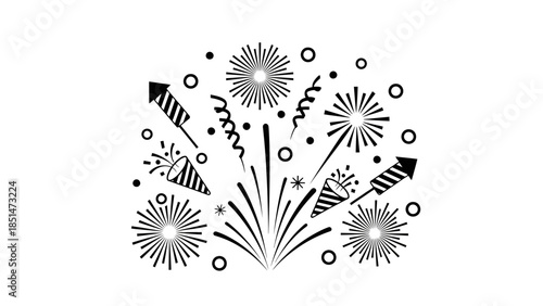 Black and white illustration of festive fireworks exploding in the night sky, celebrating an event.