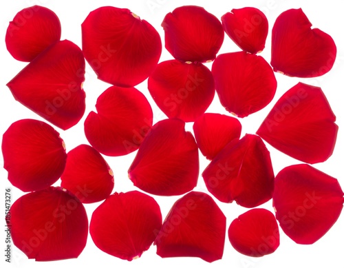 Scattered deep-red rose petals on white, creating an abstract and romantic floral composition, light passing through