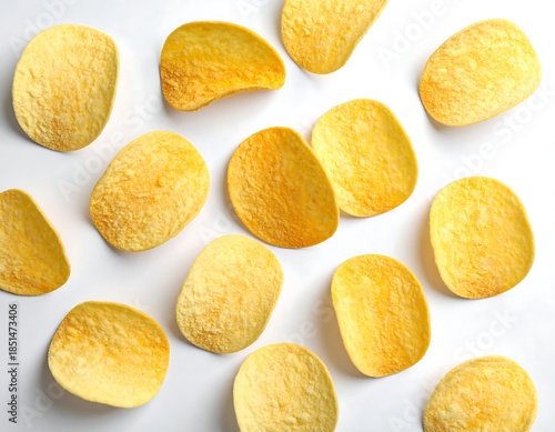 Scattered potato chips are on a white surface in a top-down view, creating a simple, snack-focused arrangement