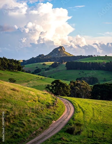 Scenic dirt path ascends green rolling hills, culminating in a rocky peak under a cloudy blue sky