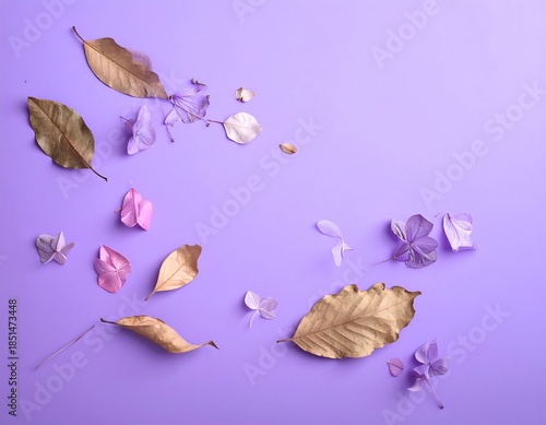 Scattered golden leaves and violet flowers arranged on a plain, light violet background