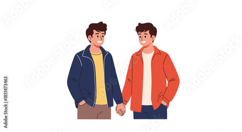 A happy and affectionate gay couple of two young men standing together and holding hands, isolated on a white background.