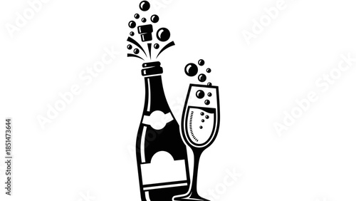 Celebratory champagne bottle popping with cork and bubbles next to a full glass, black and white illustration.