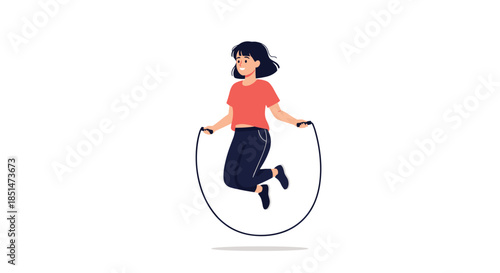 A happy young woman in casual clothes exercising by jumping with a skipping rope, isolated on a white background.