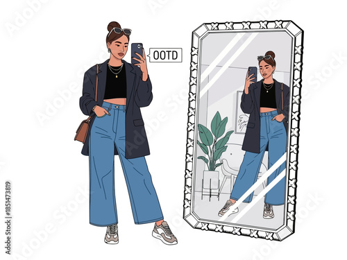 Woman Taking Mirror Selfie Showing Her Outfit Of The Day.