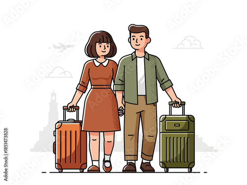 Couple Holding Hands With Luggage Ready For Vacation.