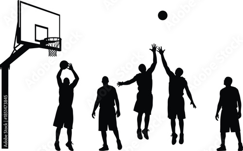 Black silhouettes of basketball players competing for a jump ball and shooting near the hoop, illustrating competitive sport, athletic action, team game, and dynamic play.