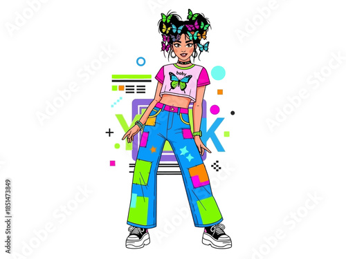 Young Woman with Colorful Butterfly Themed Outfit and Vibrant Hair.