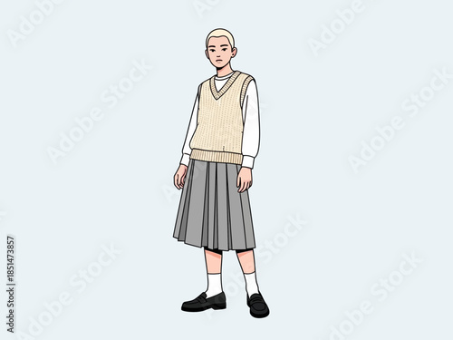 Young person in school uniform with blonde hair and pleated skirt.