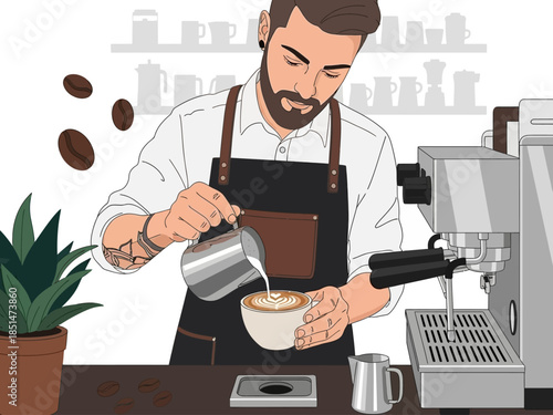 Barista skillfully prepares latte art with steamed milk.