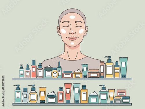 Woman with skincare products on shelves.
