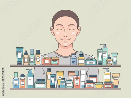 Man with eyes closed surrounded by skincare products on shelves.
