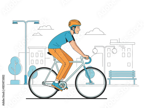 Man riding a bicycle wearing a helmet and casual clothes.