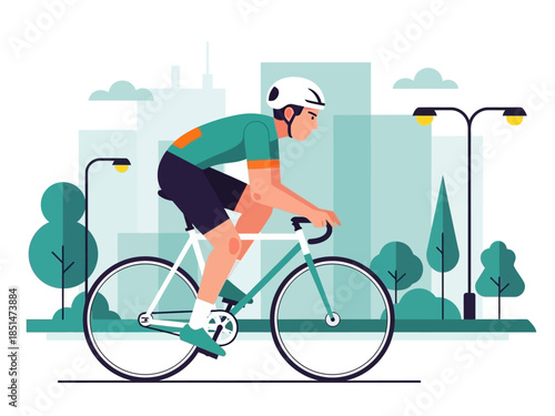 Man riding a bicycle in a park with trees and buildings.