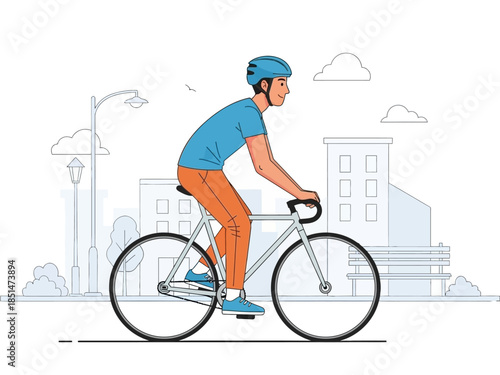 Man riding a bicycle wearing a helmet and casual clothes.