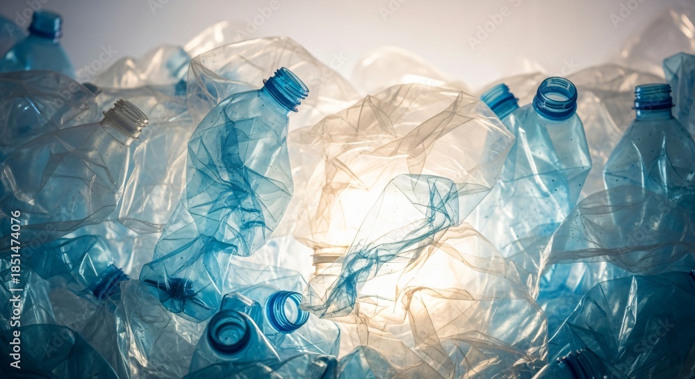 Obraz premium A pile of crumpled blue and clear plastic water bottles illuminated by soft light