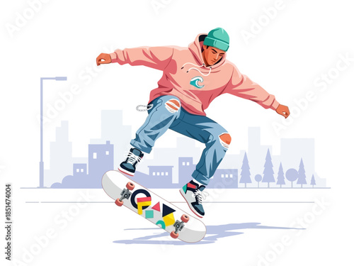 Young man performing a skateboard trick in mid-air.