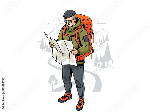 Man with Backpack Studying a Map in the Wilderness.