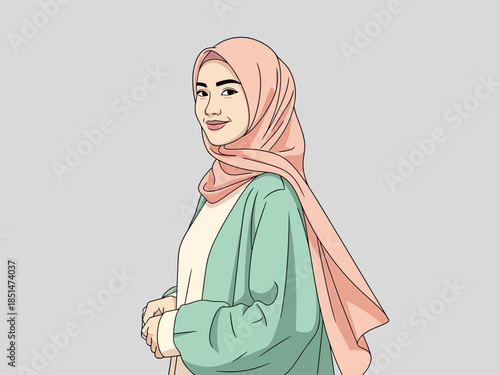 A young woman wearing a pink hijab and a mint green cardigan.