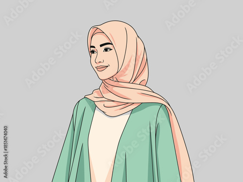 A young woman wearing a hijab and a stylish abaya.