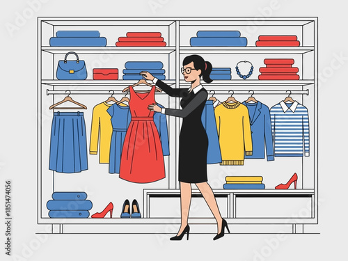 Woman Choosing Dress from Wardrobe.