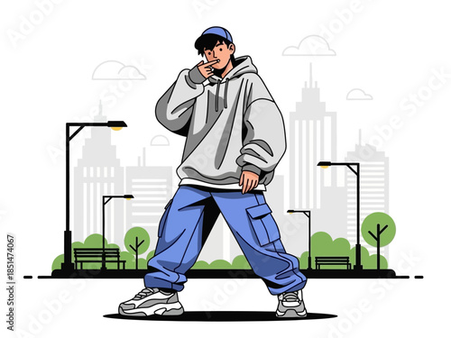 Young Man in Urban Streetwear Posing Confidently.