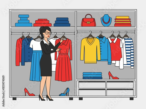 Woman choosing outfit from organized wardrobe.